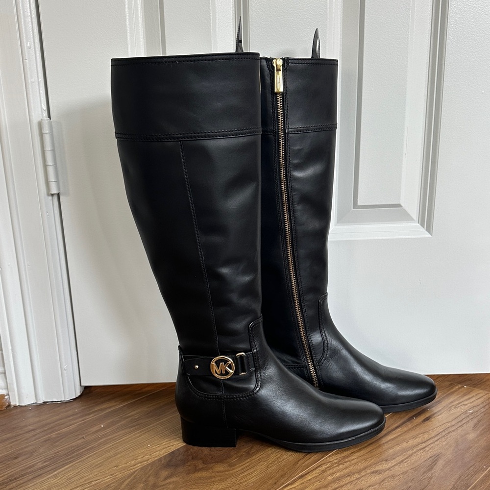 Michael Kors Black Leather Over-the-Knee Boots with Gold MK Accent